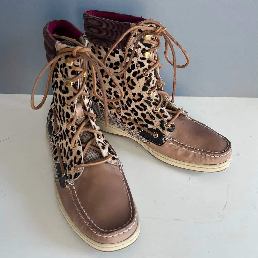 Sperry docksides‎ Boots women's size 9 Leopard Print Brown tweed prep preppy NEW